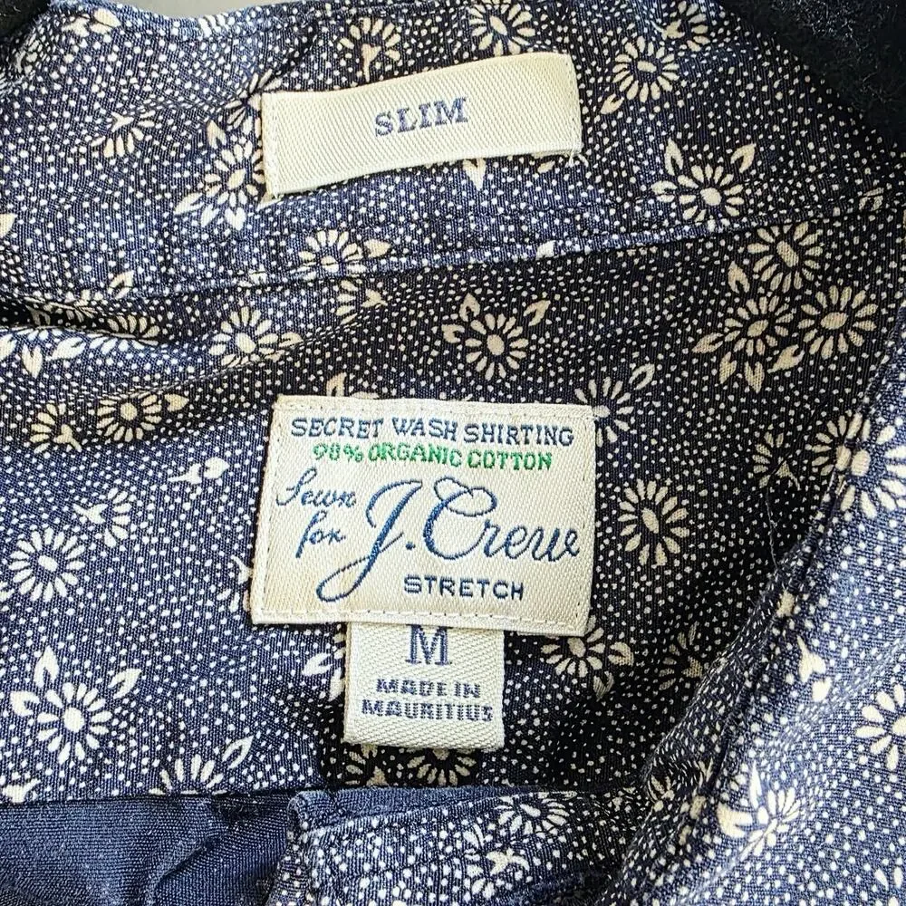 J.Crew Secret Wash Shirt Slim Medium Blue Floral Organic Cotton Preppy Long Slee